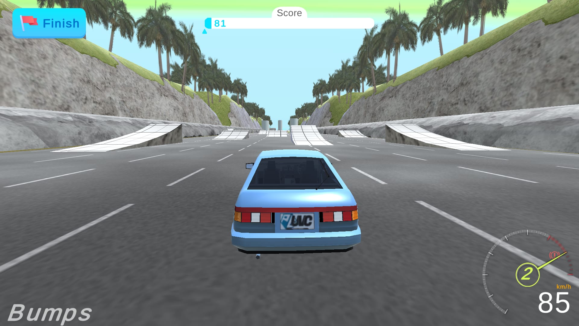 Deadly Descent — chasing down a palm-lined highway descent in the blue hatchback