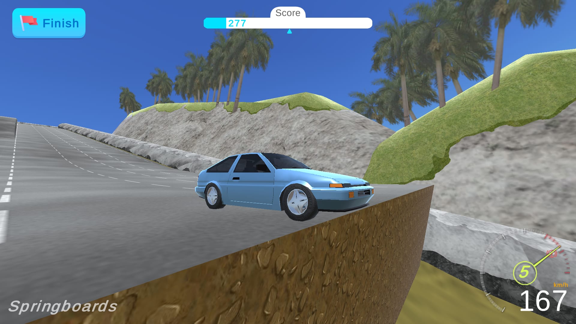 Deadly Descent — chasing down a palm-lined highway descent in the blue hatchback