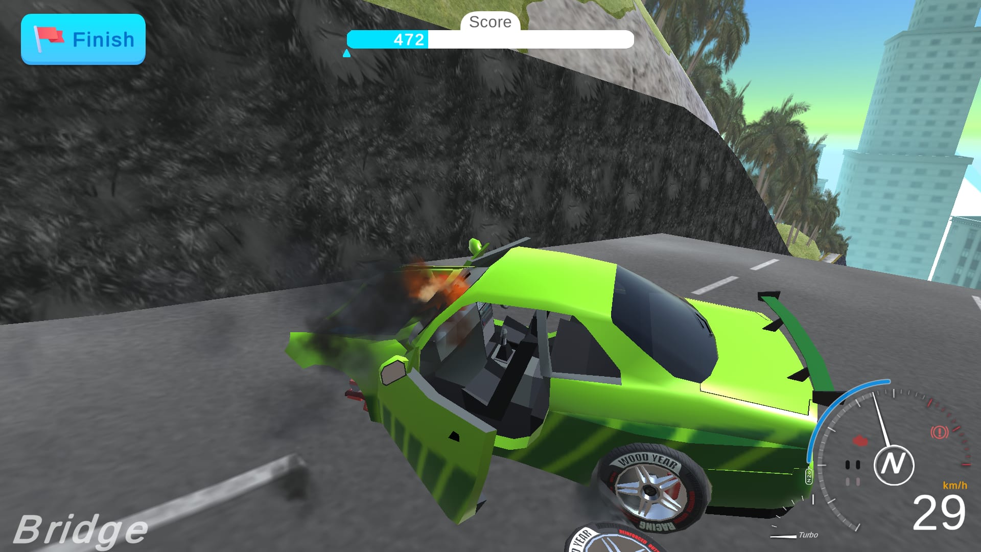 Deadly Descent — the blue hatchback launching off a springboard ramp